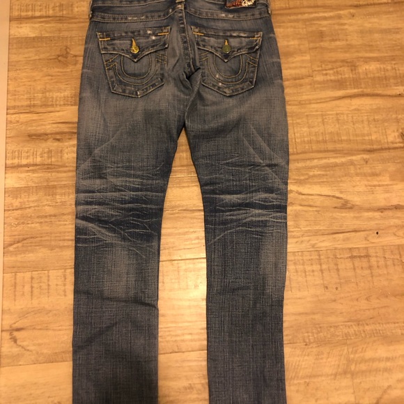 True Religion Dark Blue Skulls And Roses Jeans with Yellow Accents - Picture 5 of 5